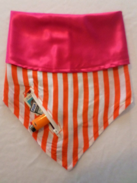 Big Top Beauty XL: Orange/White Horizontal Stripes & Hot Pink Satin Reversible Bandana with Stash Pocket by BandHäna