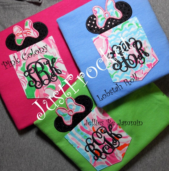 Lilly Pulitzer Fabric Pockets with Minnie Mouse Ears & Bow -  Crew Neck Short Sleeve Pocket TShirt