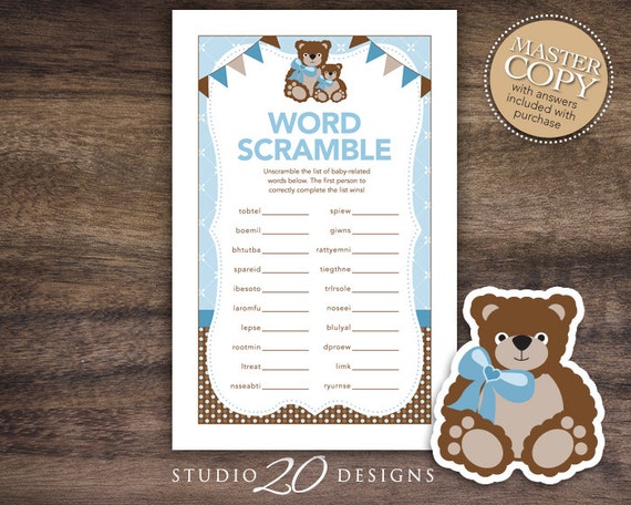 instant download teddy bear baby shower word scramble game