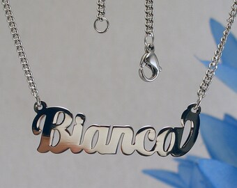 Bianca name necklaces. stainless steel. next day ship. never tarnishes. shiny silver color