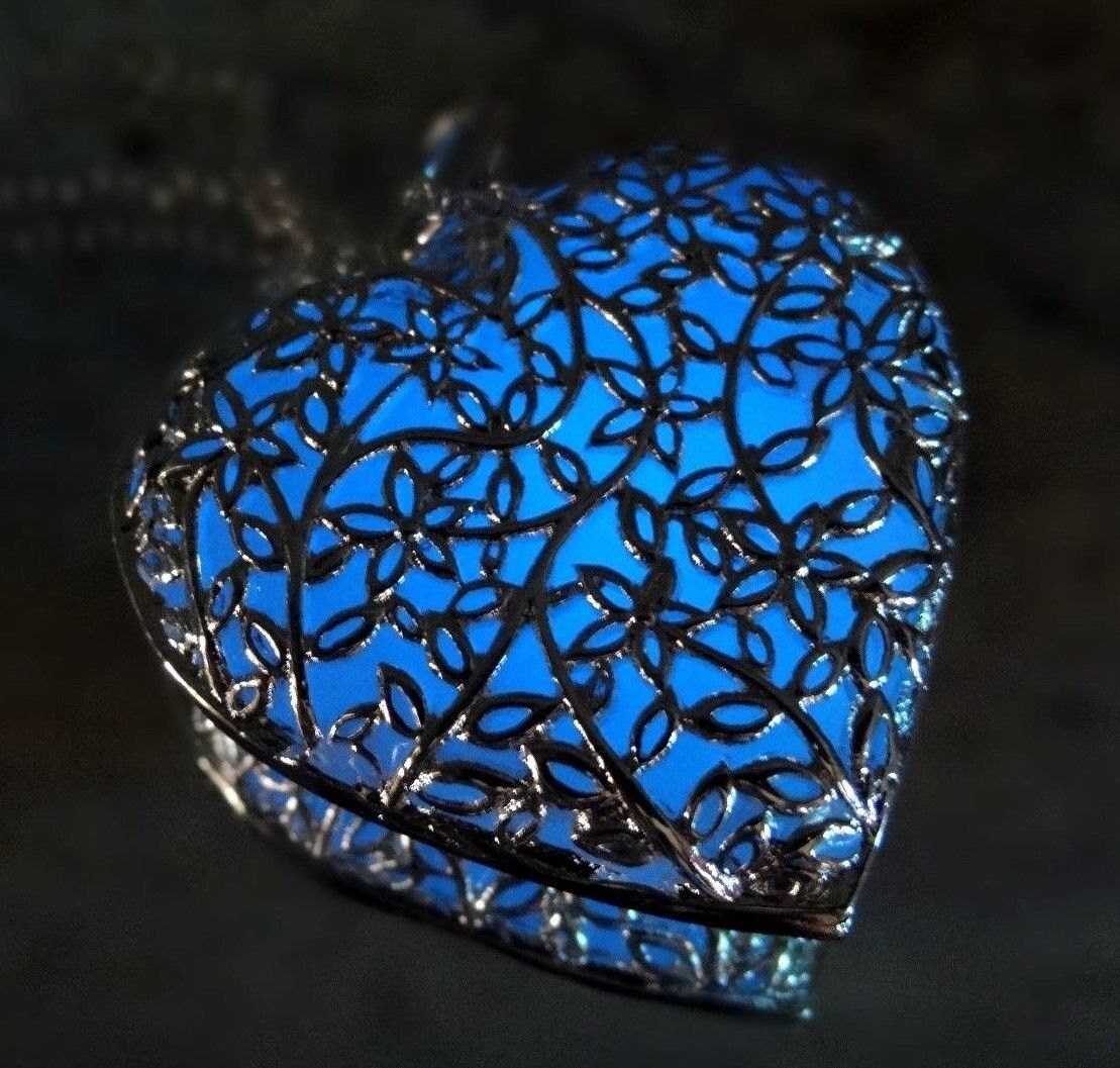 Aqua Blue Glowing Heart Necklace Glowing Jewelry Floral