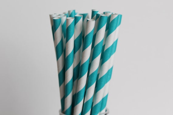 Teal Striped Paper Straws-Mason Jar Drinking Straw-Wedding Paper Straws-Teal Birthday Party Paper Straws-Teal and White Striped Paper Straw Il_570xn