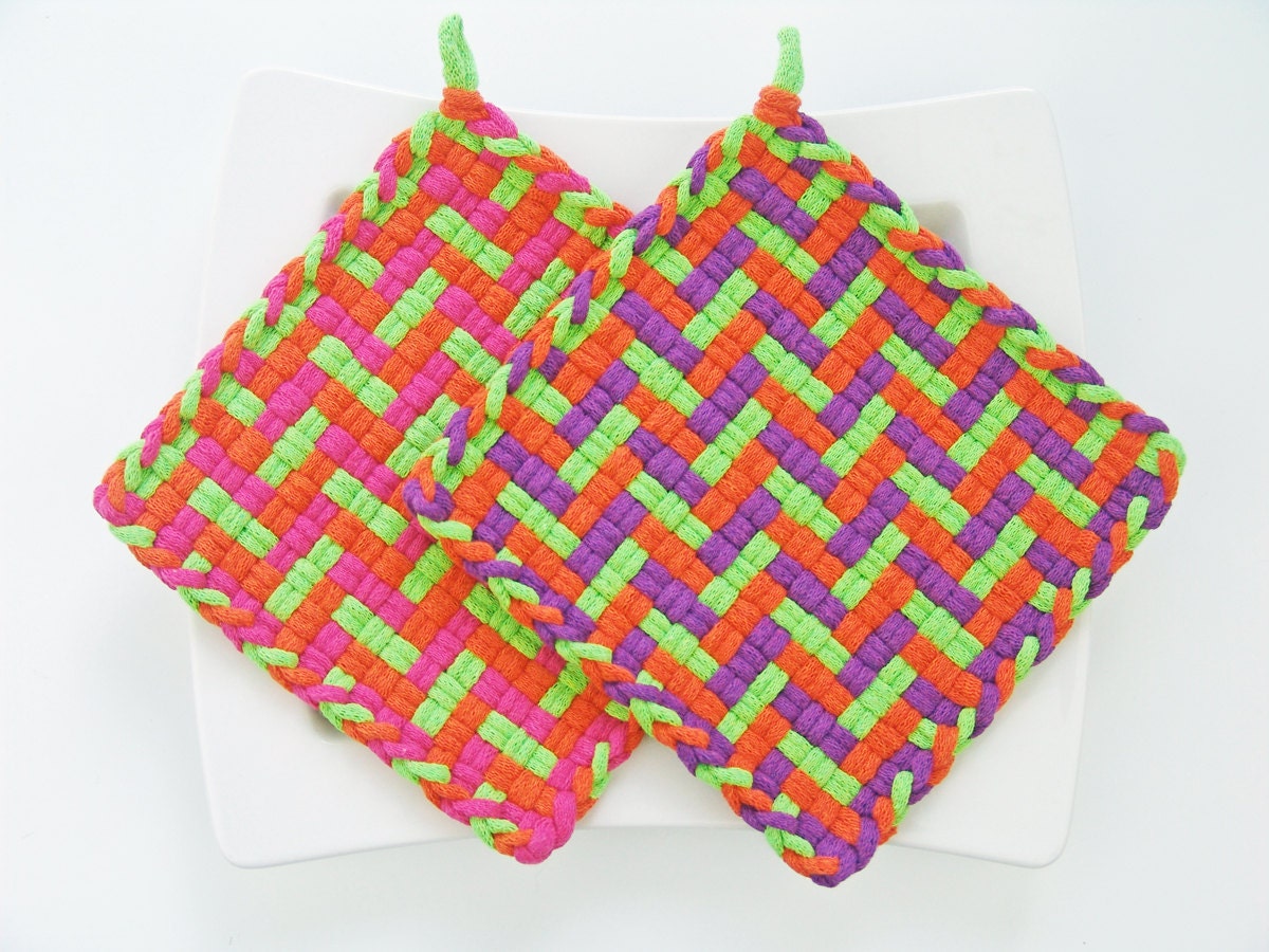 Woven Pot Holders All Cotton Fabric Loops of Lime by JemmaJamma