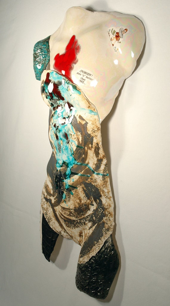 Ceramic sculpture wall art male torso handmade by ClayByHelena