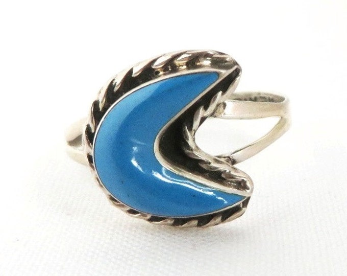 Mexican Turquoise Sterling Silver Ring, Vintage Braided Crescent Ring, Size 7