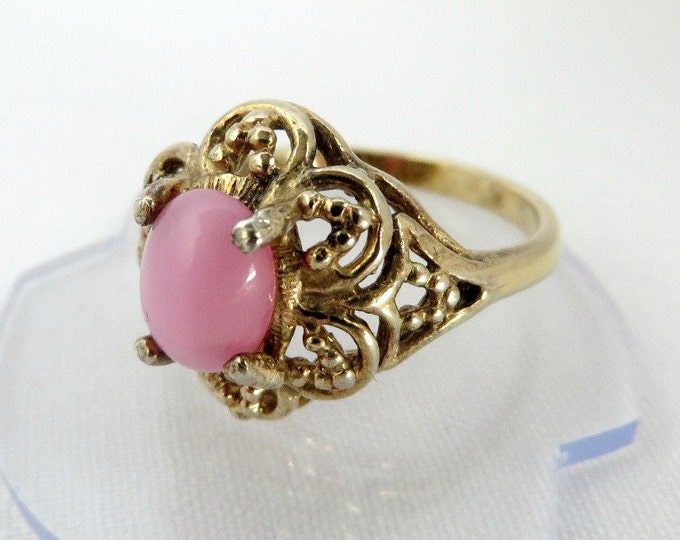 Pink Cats Eye Ring, Vintage Gold Plated Sterling Silver Band, Size 7
