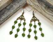 Antique Brass Celtic Knot Green Leaf Vines Chandelier Earrings, Bohemian, Elvish, Nature Jewelry, St. Patrick's Day