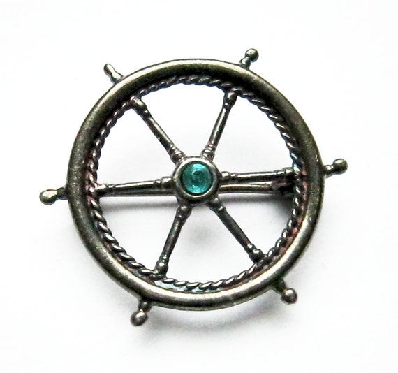 Vintage sterling silver rhinestone ships wheel brooch 1.2