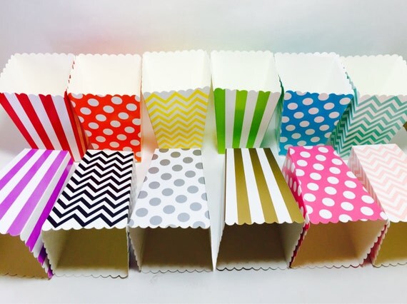 12 TreaT Goodie BoXes red orange yellow green teal blue purple black gold silver popcorn Chevron polka dots striped birthday popcorn shower Il_570xn