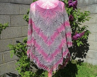 Hand knit triangular lace wool shawl