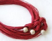 Red collar marsala, chunky necklace linen and ceramics, multiple strings lin, red collar necklace was, red breastplate, textile collar necklace