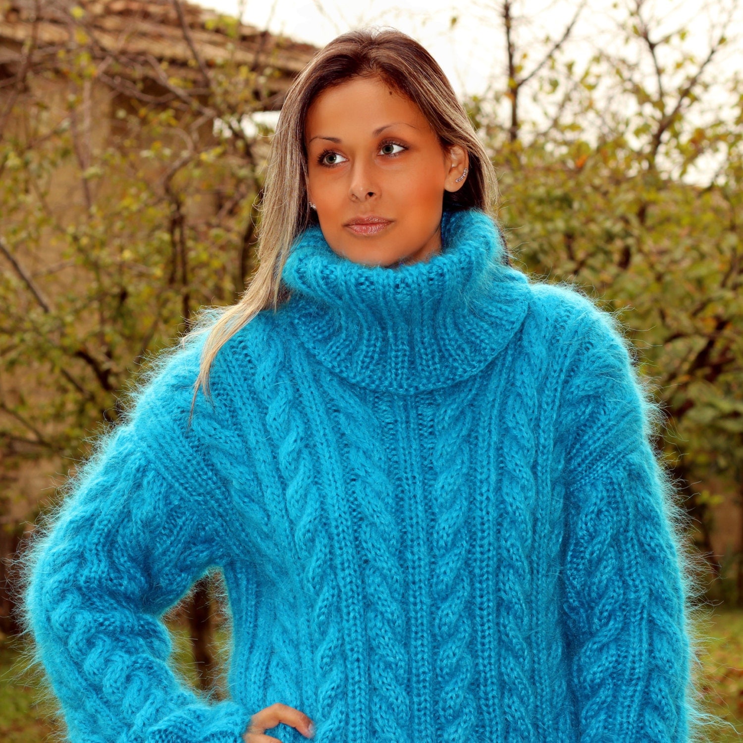 Hand Knit Mohair Sweater Cable Turquoise Fuzzy Turtleneck