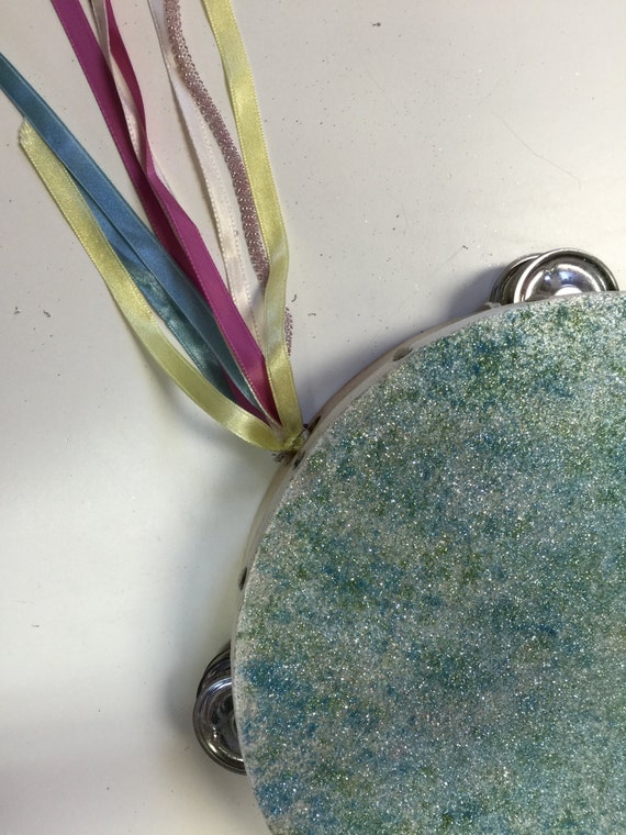 Dreamy sparkly 10 AP wood tambourine vintage ribbon by BangBang714