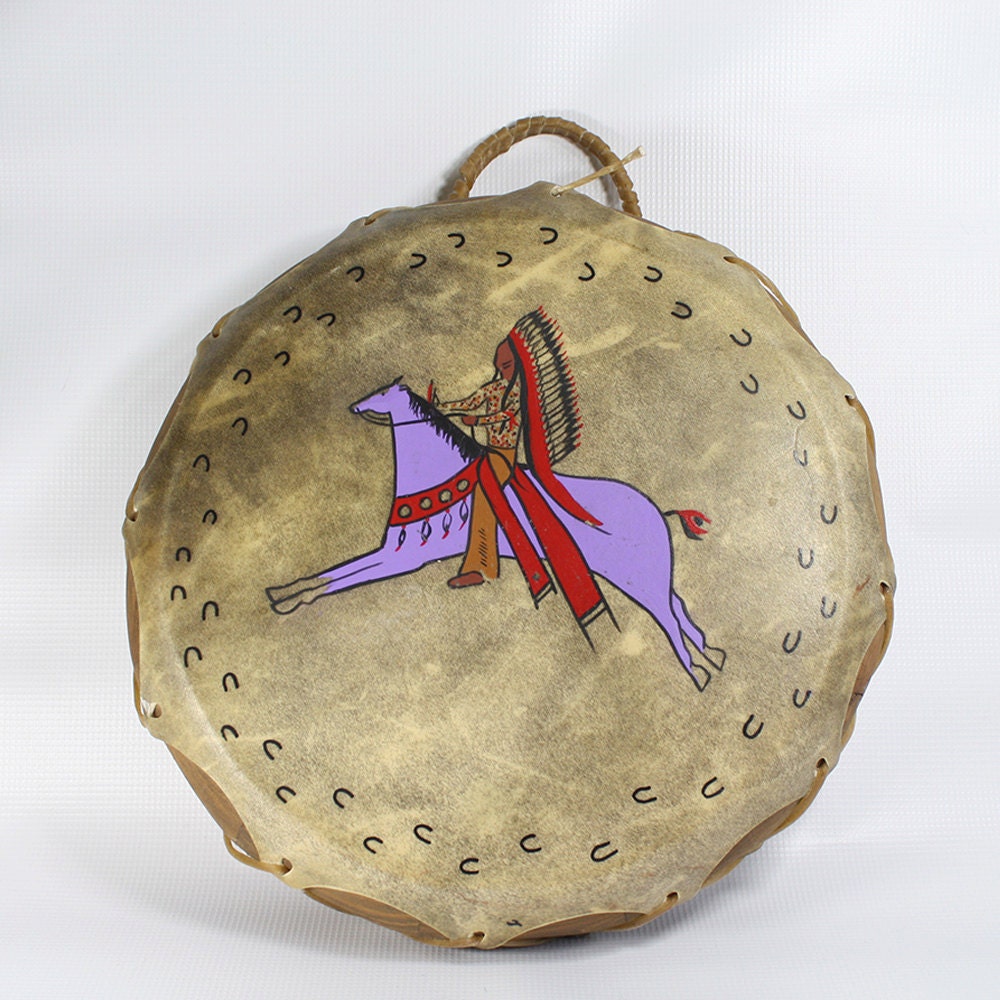 Vintage Painted Native American Rawhide Drum by BlueSpruceVintage