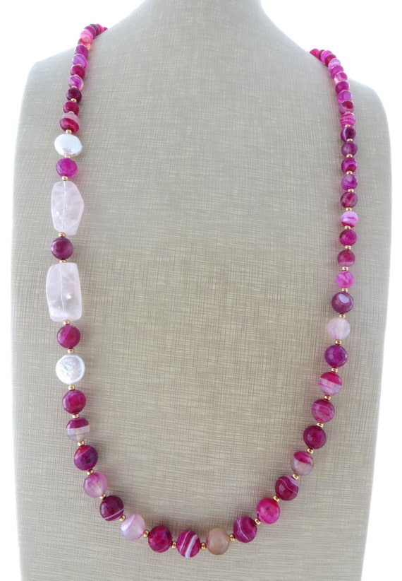 Hot pink agate necklace chunky necklace rose quartz