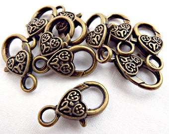 10 Bronze Clasps, Giant Clasps, Antique Bronze, Metal Clasps, Large Lobster, Jewelry Supplies, Bronze Findings, Heart Clasps, UK Seller