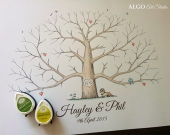 Wedding Thumbprint Tree, Unique Wedding Guestbooks, Fingerprint Guestbook, Family Tree Fingerprint, Hand Drawn Fingerprint Tree + 2 INK PADS