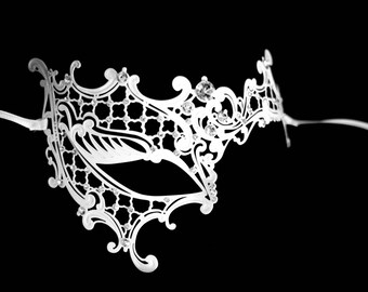 Masquerade mask, white masquerade half face phantom metal laser cut mask with white gems fit for prom masquerade party, wedding masquerade
