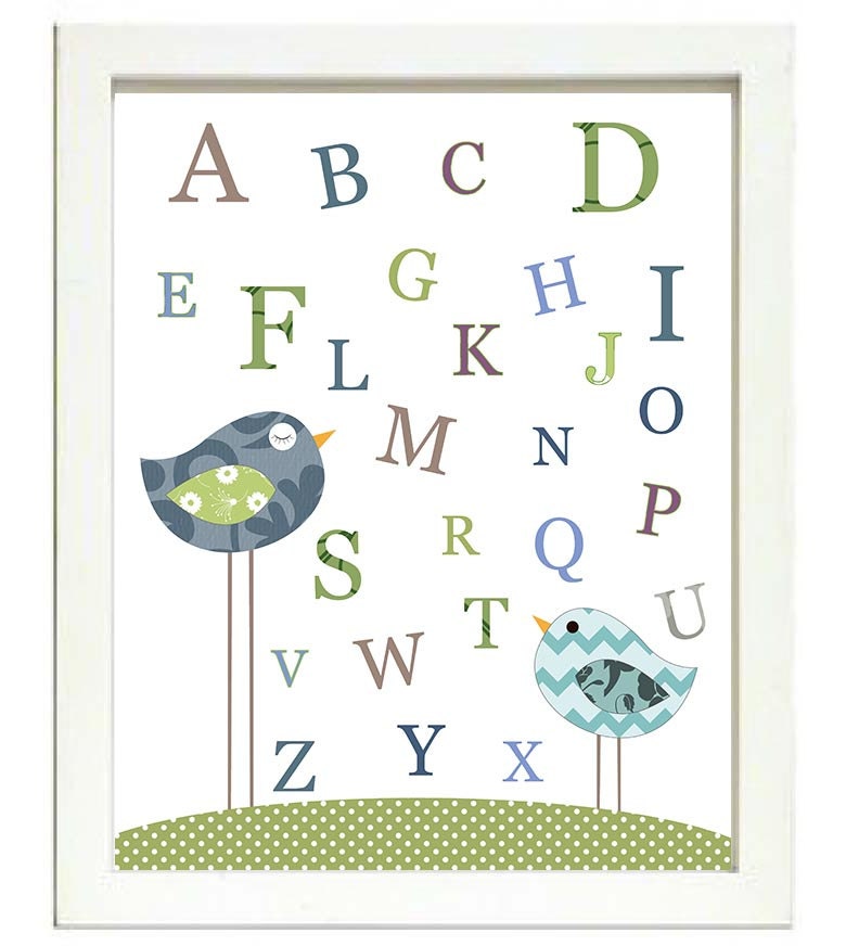 Bird Nursery Art Alphabet ABC Nursery Print Baby Art Animal Birds Chick Navy Blue Green Polka Dots W