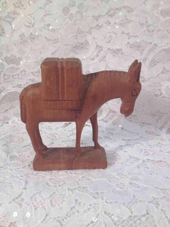 Vintage Hand Carved Solid Wooden Donkey With Pack Donkey