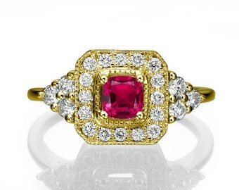 Ruby Engagement Ring, 18K Gold Ring, Halo Ring, 0.84 TCW Ruby Ring Vintage, Art Deco Jewelry, Ruby Rings for Women