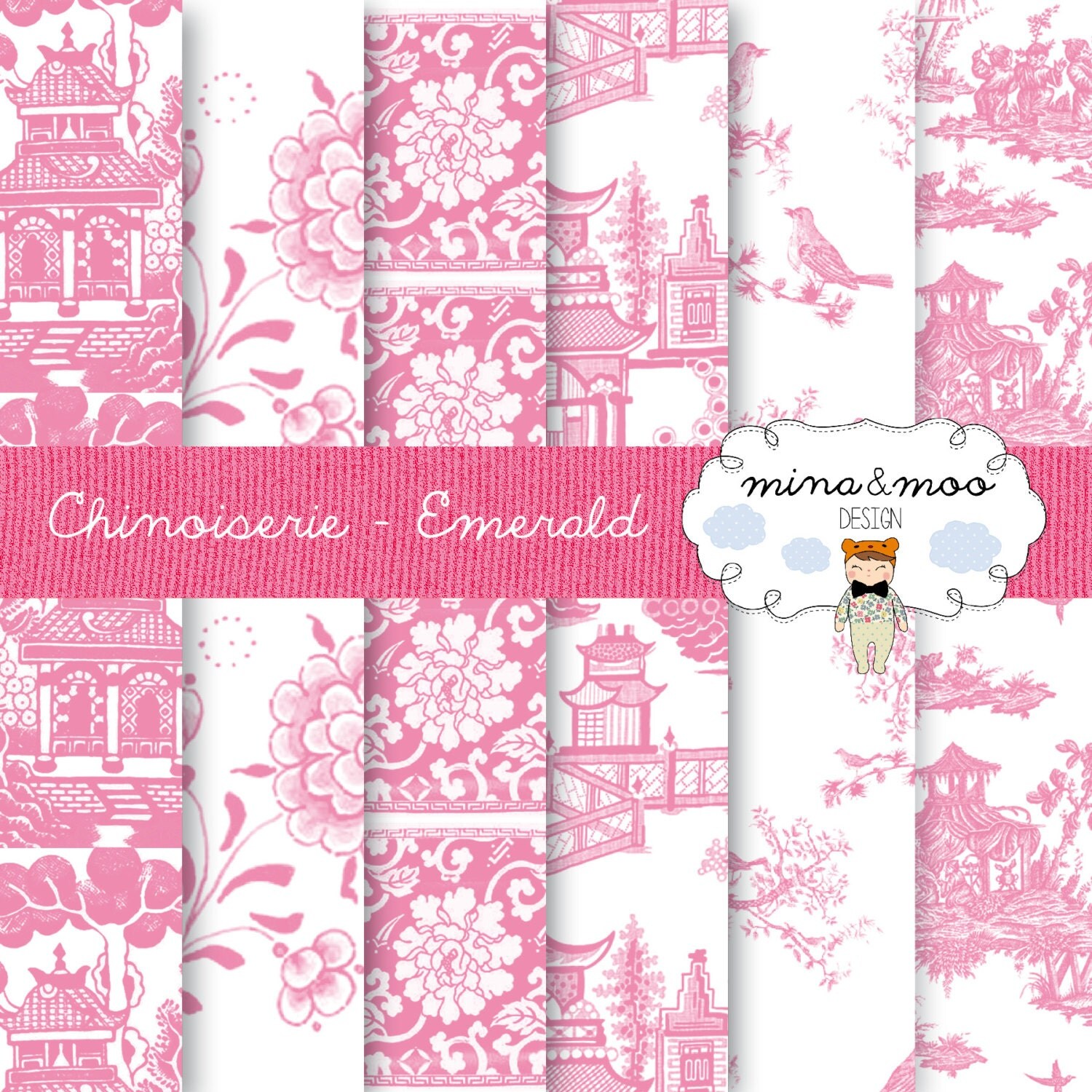Chinoiserie wallpaper Pink floral digital paper Chinoiserie