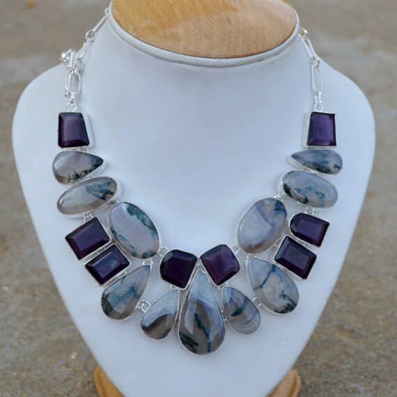 Natural Moss Agate & Amethyst Gemstone 925 by NativeFineJewelry
