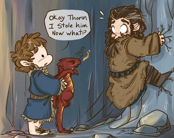 Bilbo Baggins, Chibi Smaug and Thorin Oakenshield - Fanart print - The Hobbit