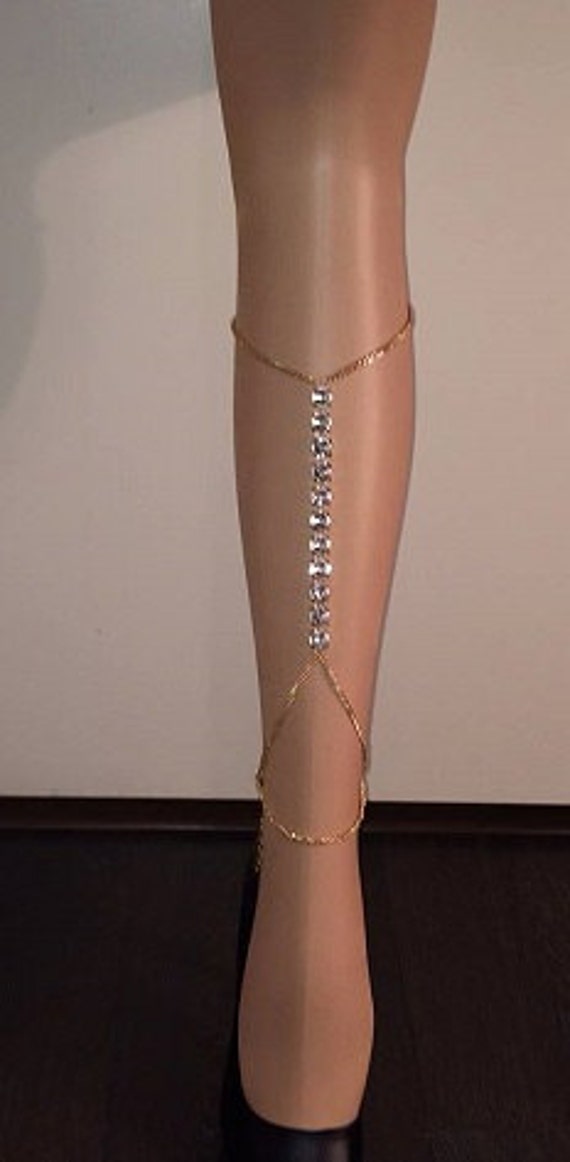 Gold rhinestone leg chain garter barefoot sandal beach