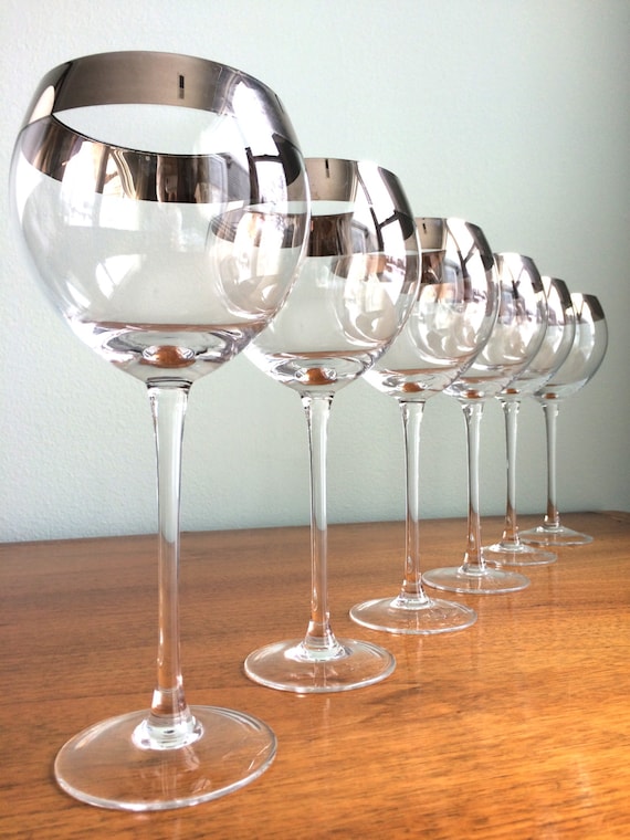 6 Vintage Silver Rim Crystal Wine Glasses By Floweranddean On Etsy