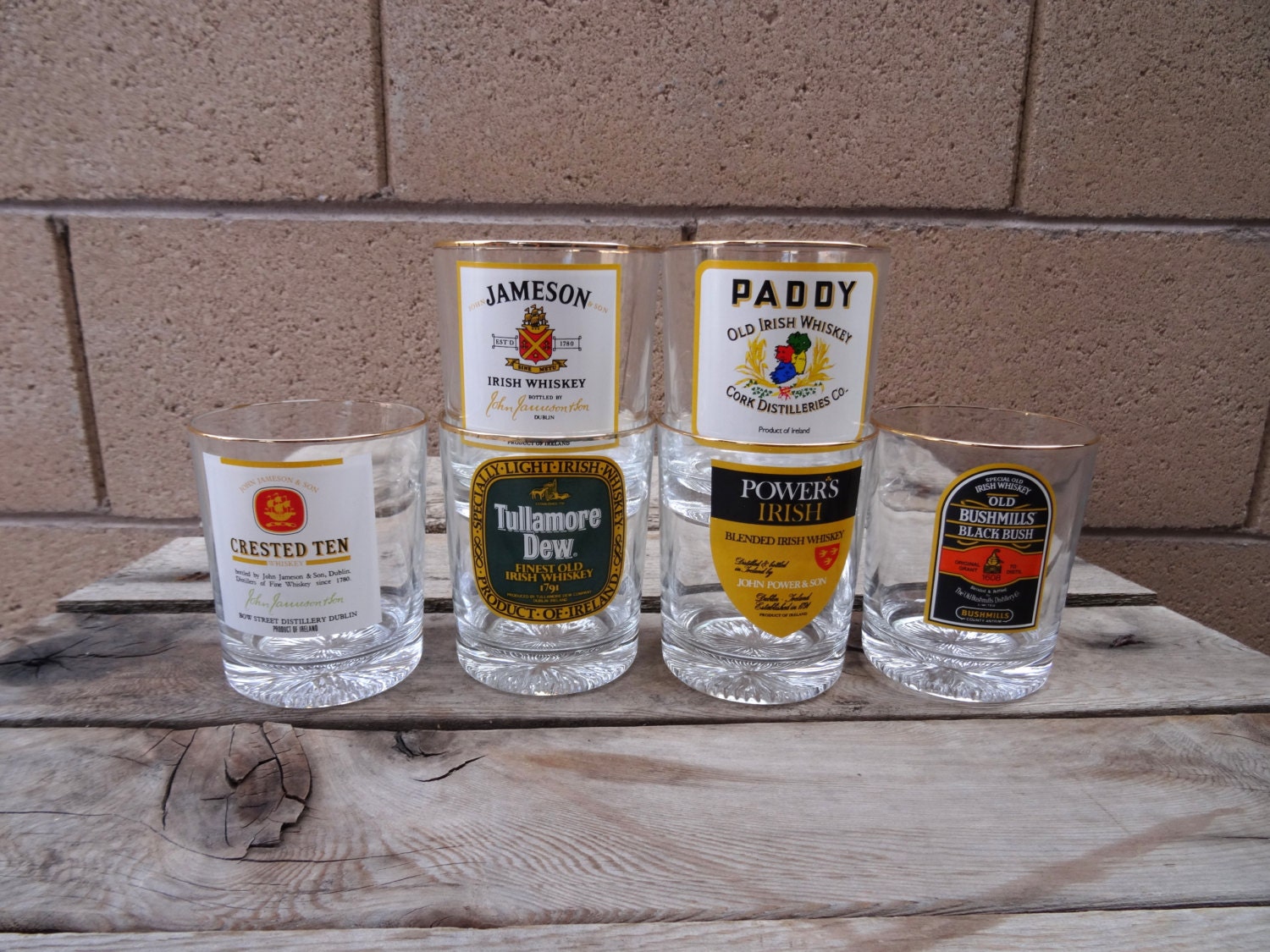 Vintage 6 Irish Whiskey Glasses Paddy Powers Irish Crested
