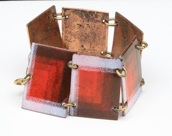 Vintage Modernist Copper & Enamel Panel Link Bracelet Mid Century Modern Red
