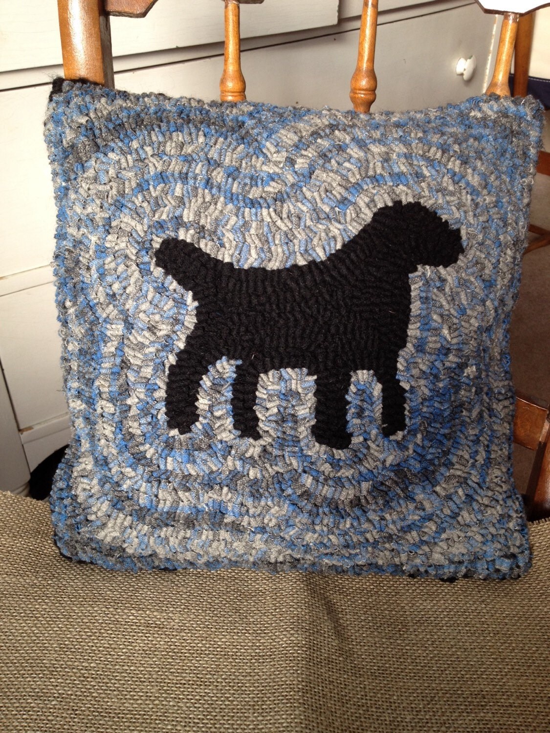 black lab hooked pillow