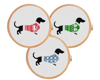 Christmas dachshund cross stitch pattern - dog modern cross stitch pattern - winter dachshund ugly sweater decor gif animal 3 in 1 set of 3