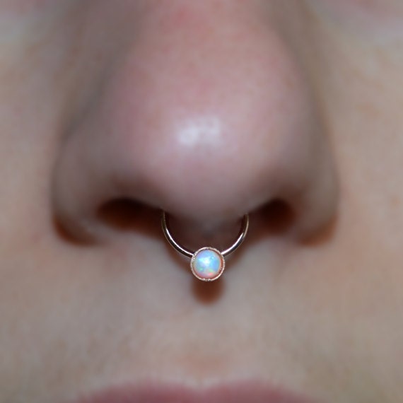 3mm Opal Septum Ring - Solid Gold Nose Ring - Helix Earring - Rook Earring - Nipple Ring - Cartilage Piercing - Daith Piercing 18 gauge