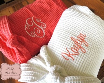 SALE Ships in 7 Days Coral Bridesmaids Robes Set of 6 Robes 5 Coral Bridesmaids 1 White Bridal Personalized Embroidered Waffle Kimono Short