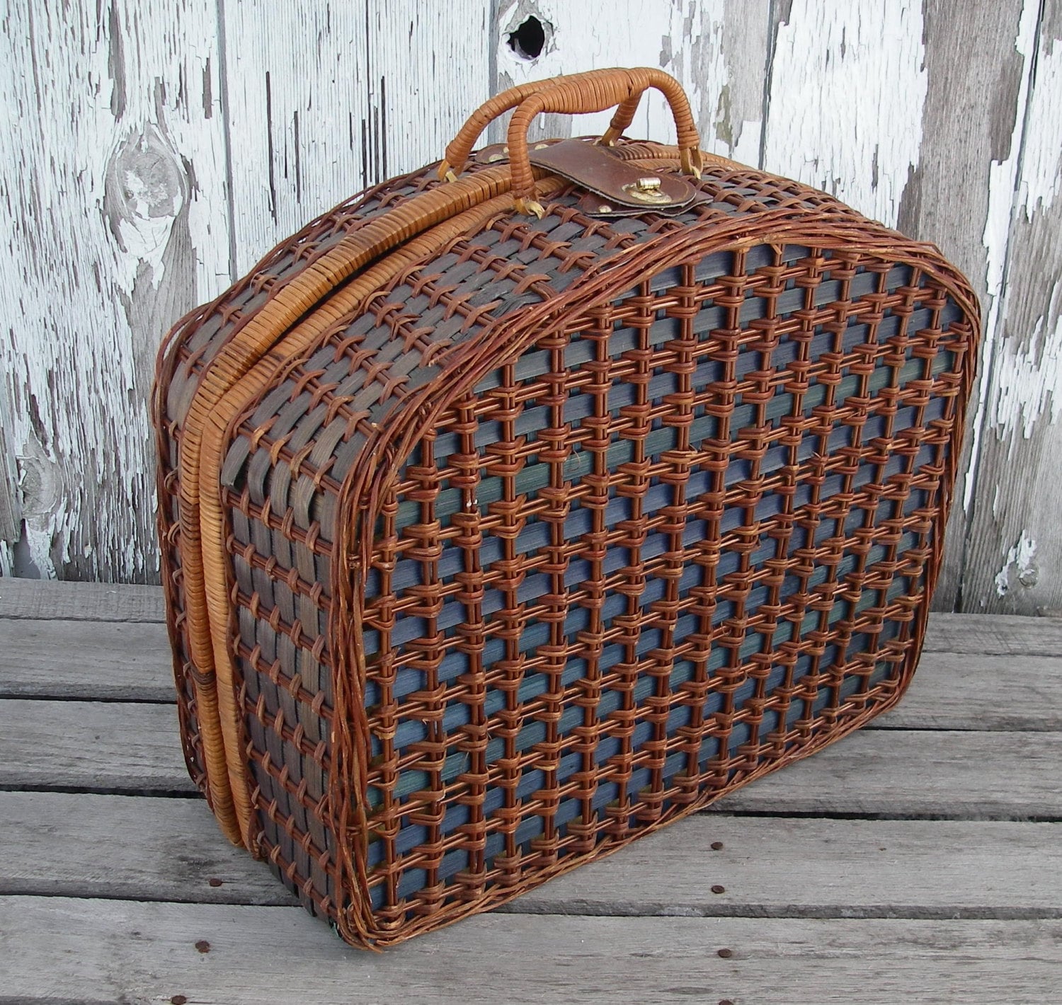 Vintage Blue Woven Wicker Picnic Basket by tnjsvintagetreasures
