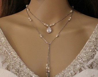 Necklace scarf tie wedding necklace , long necklace evening wedding jewelry back Sautoir écharpe à nouer collier long bijou de dos