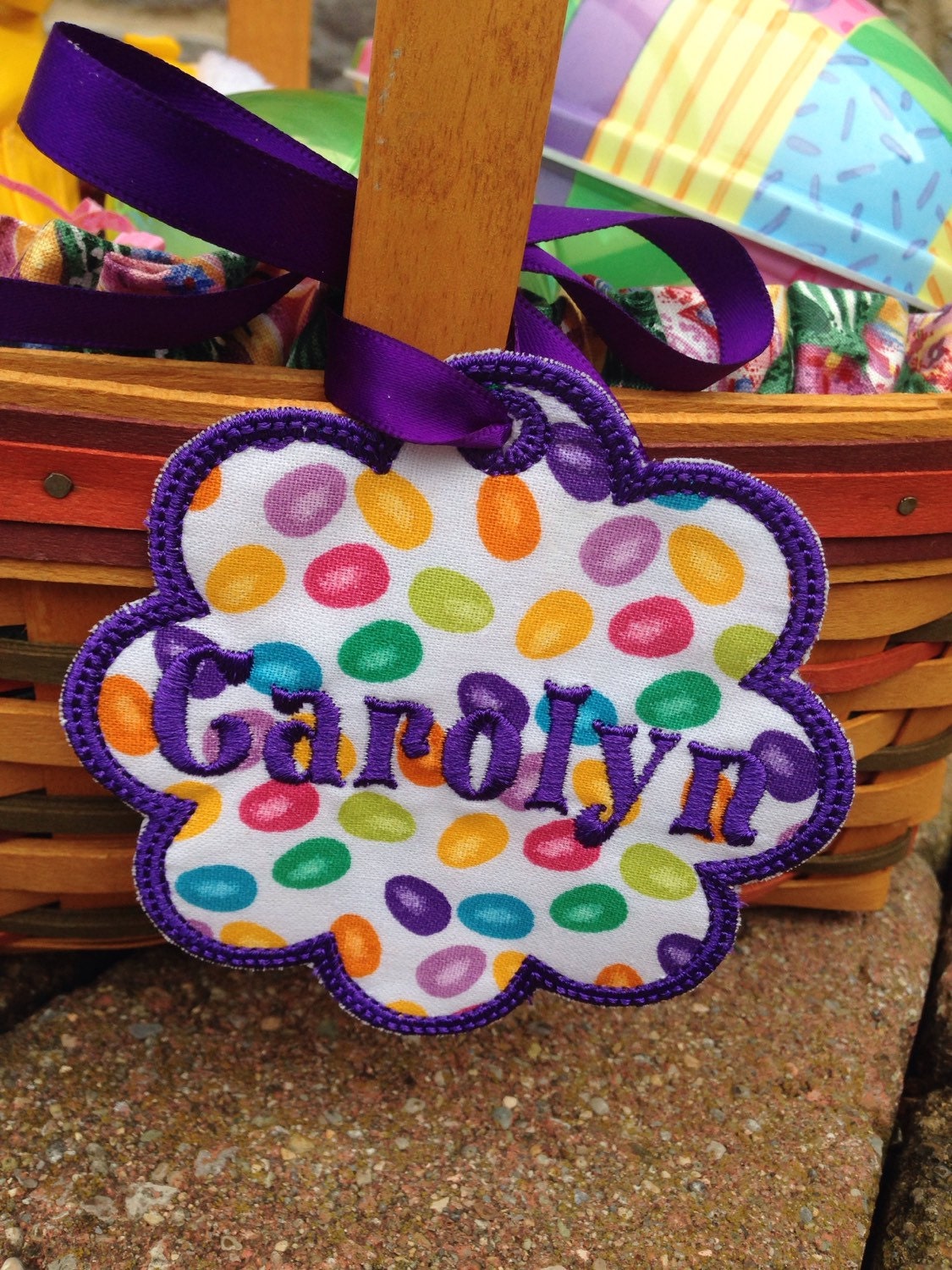 Flower Easter Basket Name Tag Embroidered Appliqué