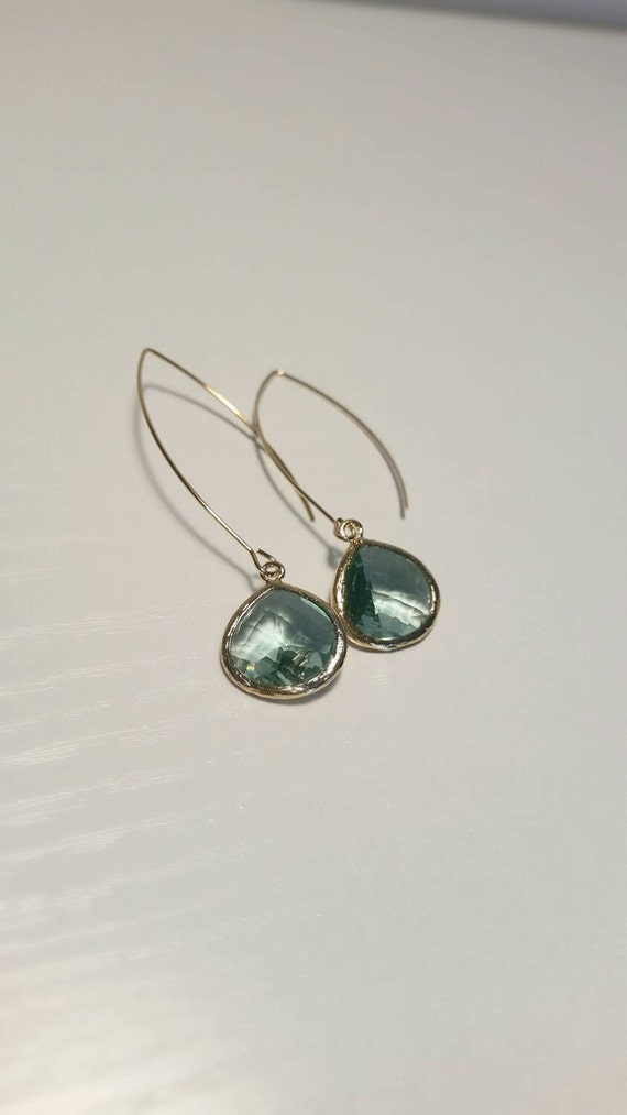 Light Blue Framed Stone Dangle Earrings Gold by TheCoralDahlia