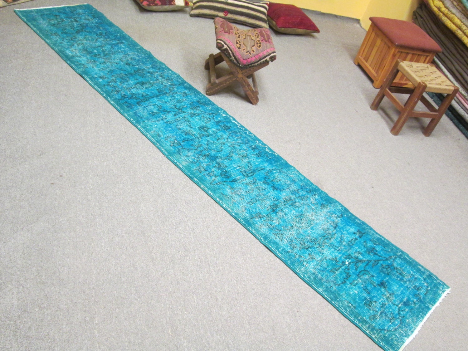 Vintage Turquoise Runner Overdyed Rug by turkishkilimmarket