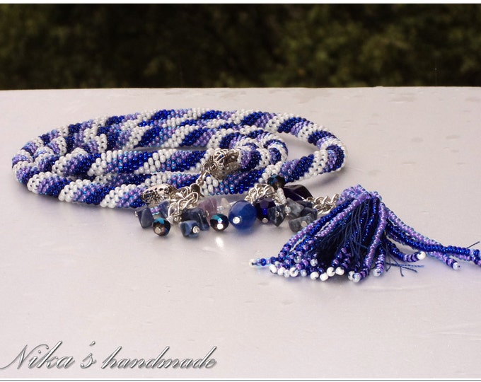 Women blue belt-lariat "Winter Mood" (length 84 см+chain length 9 см) with Czech beads, crystals and natural stones