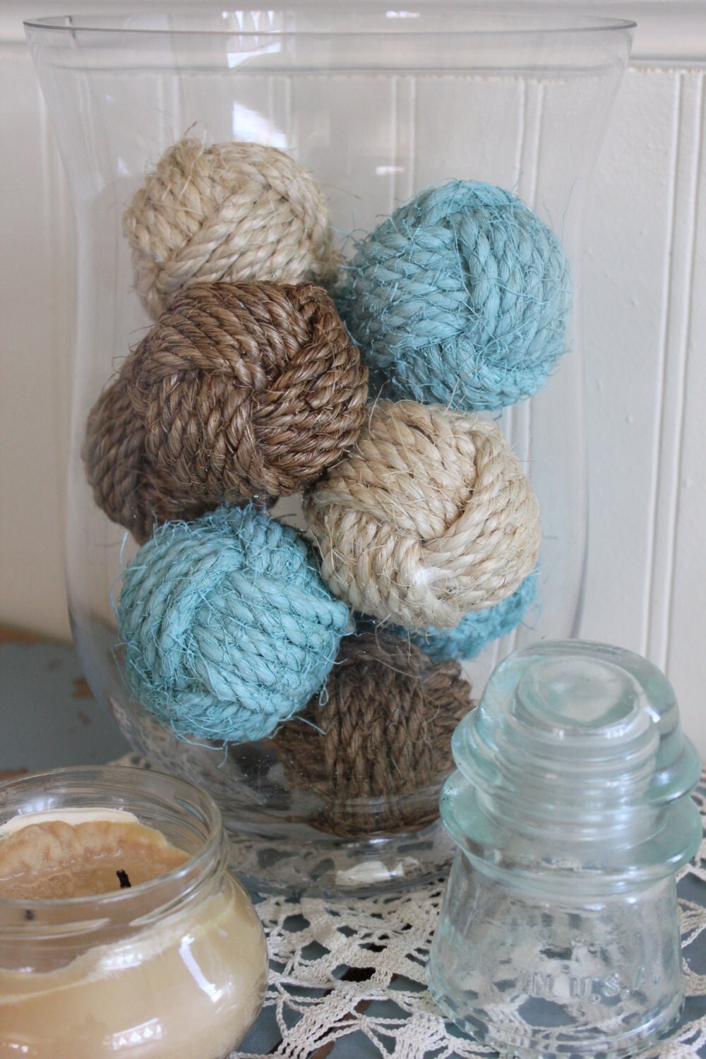 Nautical blue rustic rope balls beach house decor monkey