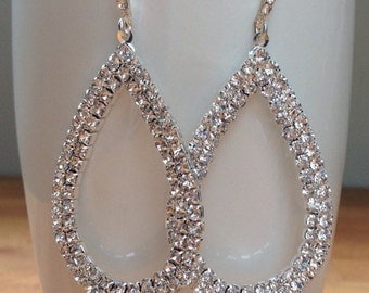 Large silver plated crystal teardrop bridal earrings