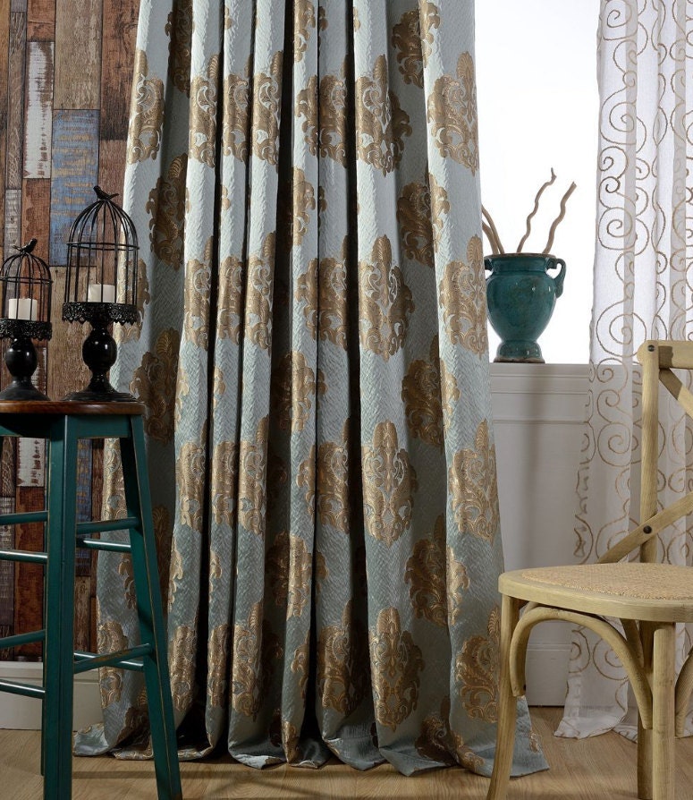 Blue Gold Damask Curtains Made to Order 51 W or