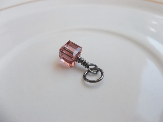 New Swarovski Color Blush Rose Faceted Cube Crystal Charm in Gunmetal