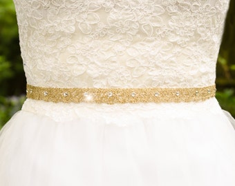Gold Lace Sash, Thin Crystal Wedding Sash, Thin Belt, Gold Wedding Belt, Unique Sash, Gold Bridal Belt, Gold Lace Wedding Sash- VIRGINIA