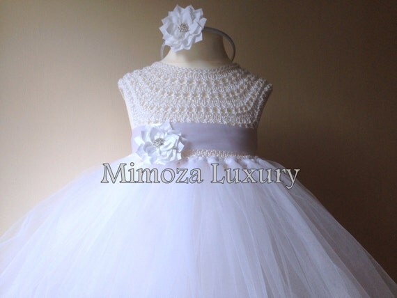 white Flower girl dress, tutu dress, bridesmaid dress, princess dress, crochet top tulle dress, hand knit top tutu dress, white crochet tutu