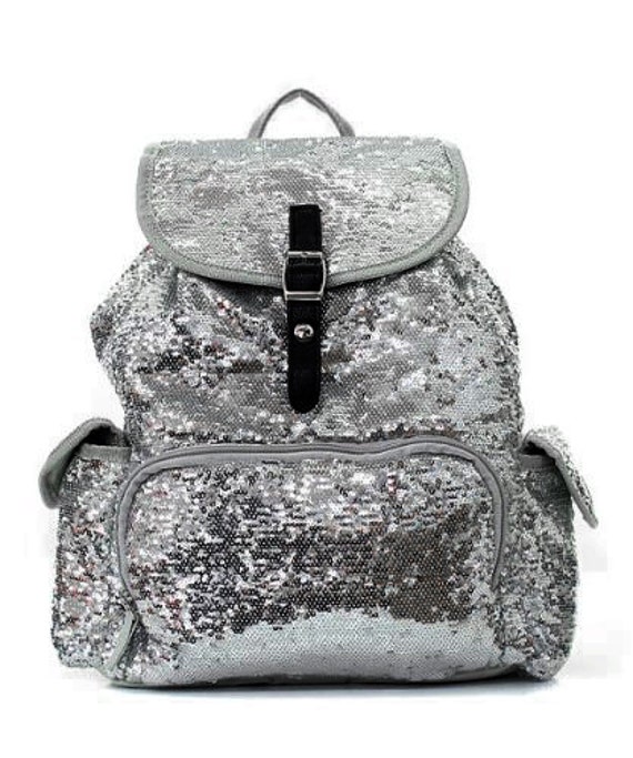Gray Silver Glitter Sequin Drawstring Backpack by iSellScarves