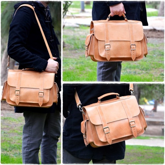 Leather Messenger Bag 13 inch Laptop Bag Light Brown